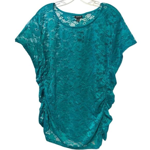 Torrid Aqua Blue/Green Stretch Lace Crew Neck Cinch Side Tee Size 3 3XL NWT - Picture 9 of 13